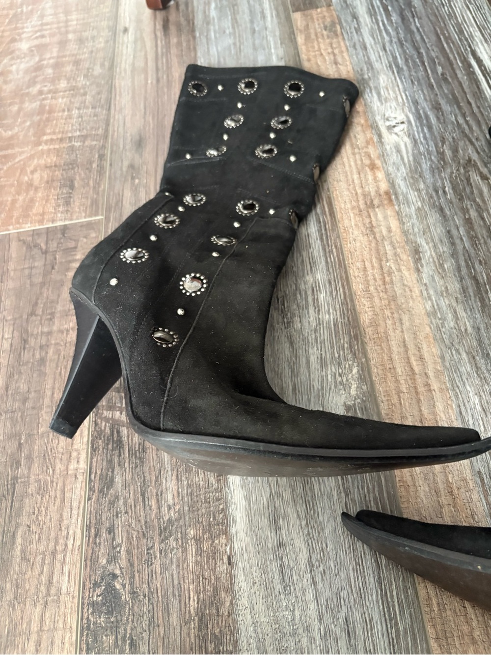 Black Suede Mid-Calf Heeled Boots with Stud Embellishments